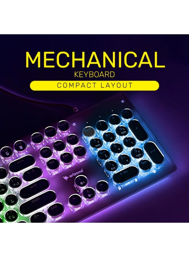 أريزون لوحة مفاتيح ميكانيكية للألعاب طراز الآلة الكاتبة MK-20 - USB سلكي، إضاءة خلفية RGB حقيقية، تخطيط باللغة الإنجليزية والعربية، 104 مفتاحًا - Image 2